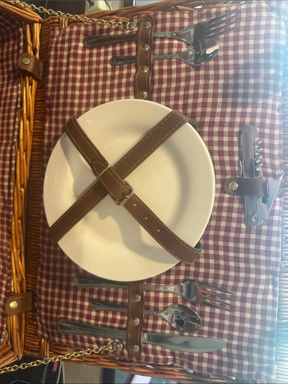 Wicker Picnic Basket Set with Red Gingham Lining
